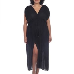 Raviya Black Gauzy Front Slit Swim Cover-Up Maxi Dress 0X